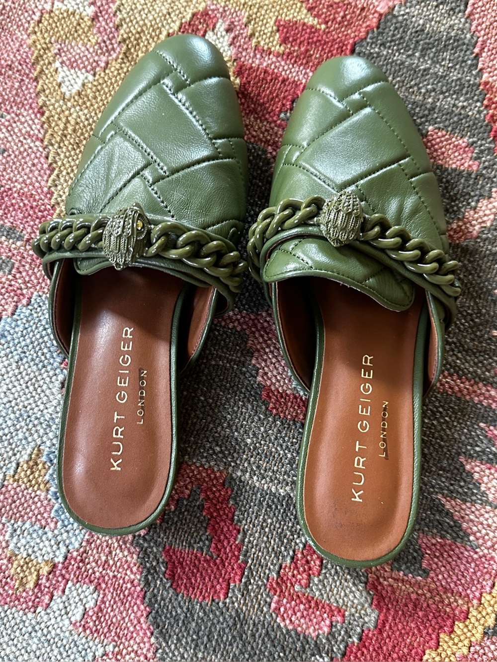 Kurt Geiger London Olive Quilted Chain-Detail Women’s mule Loafers size 6.5 36.5